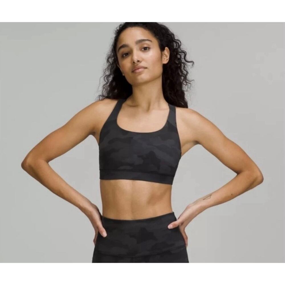 Lululemon Energy Bra Incognito Camo Black Strappy Back Medium Support Size 14